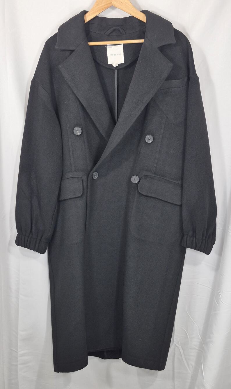 Avec Les Filles Black Wool Blend Double Breasted Long Coat Womens Trench